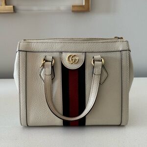 GUCCI Textured Calfskin Web Small Ophidia Tote Bag in Mystic White
